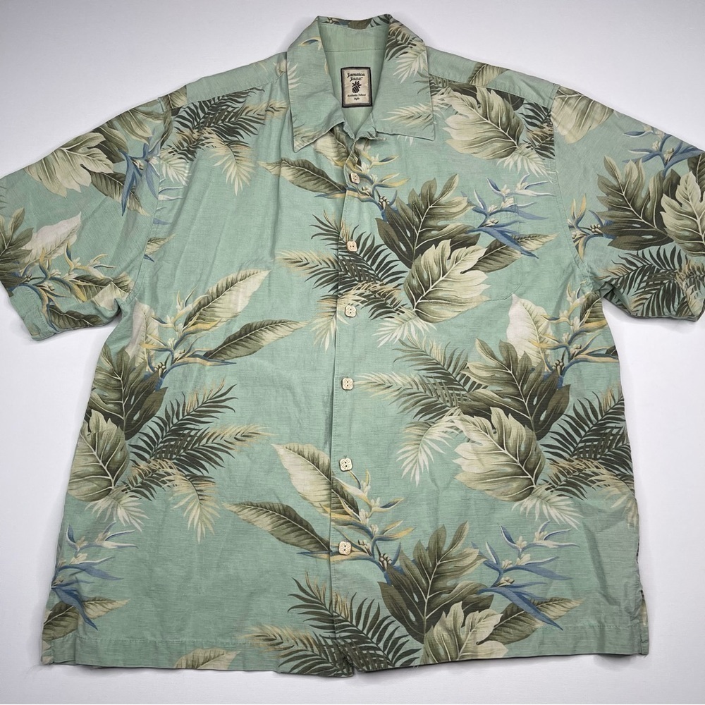 Jamaica Jaxx Silk Hawaiian Shirt Button Green Floral Tropical Island Summer XL
